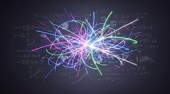 Estallido central de luz intensa con haces de colores vibrantes, rodeado de numerosas fórmulas y gráficos matemáticos en un fondo oscuro.