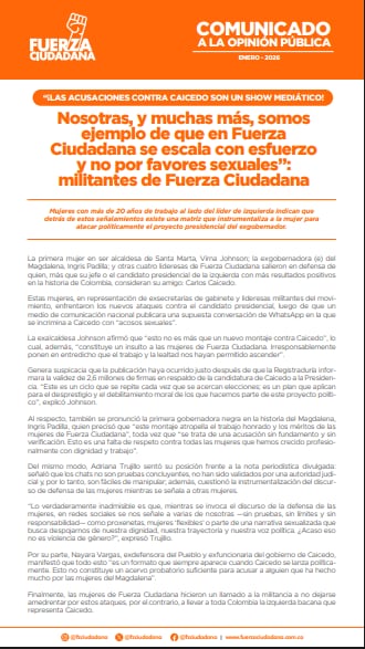 Este fue el comunicado de las mujeres de Fuerza Ciudadana en favor de Carlos Caicedo - crédito Fuerza Ciudadana