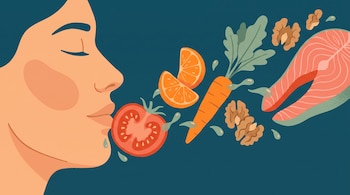 Perfil de un rostro humano junto a medio tomate, rodajas de naranja, una zanahoria, nueces y un corte de salmón sobre fondo azul petróleo.
