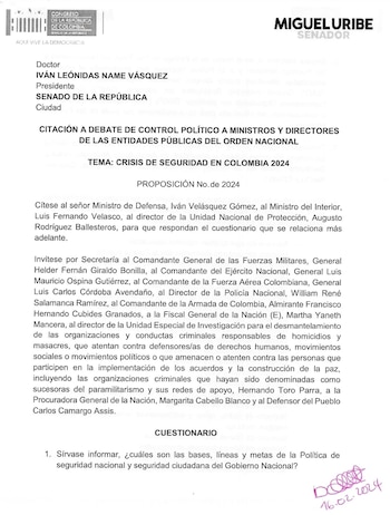 El senador Miguel Uribe citó a debate de control político al ministro de Defensa, Iván Velásquez