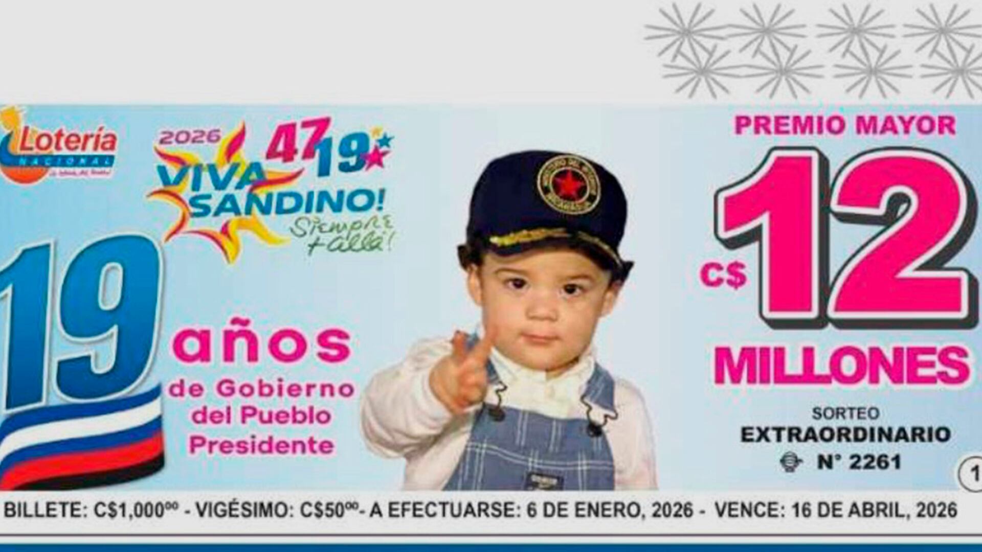 El dictador Ortega repite una estrategia de propaganda de Somoza y utiliza la imagen de uno de sus nietos en un billete de lotería