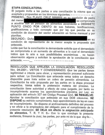 Sentencia donde consta la conciliación entre Flavio Cruz y la madre de su hijo.