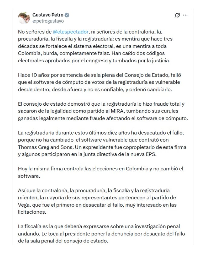 Con este mensaje en X, el presidente Gustavo Petro lanzó una dura respuesta al CNE, Registraduría y entes de control, e insistió en sus denuncias - crédito @petrogustavo/X