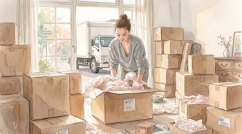 Ilustración de una mujer abriendo una caja de cartón en una habitación llena de paquetes, con un camión de mudanza visible tras la puerta.