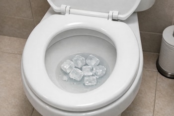 Primer plano de un inodoro blanco con la tapa abierta, mostrando varios cubos de hielo flotando en el agua clara dentro de la taza.