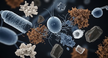 Imagen microscópica de una bacteria esférica azulada con filamentos interactuando con fragmentos irregulares marrones, blancos y transparentes de plástico, lignina, caucho y esteroides sobre un fondo oscuro.