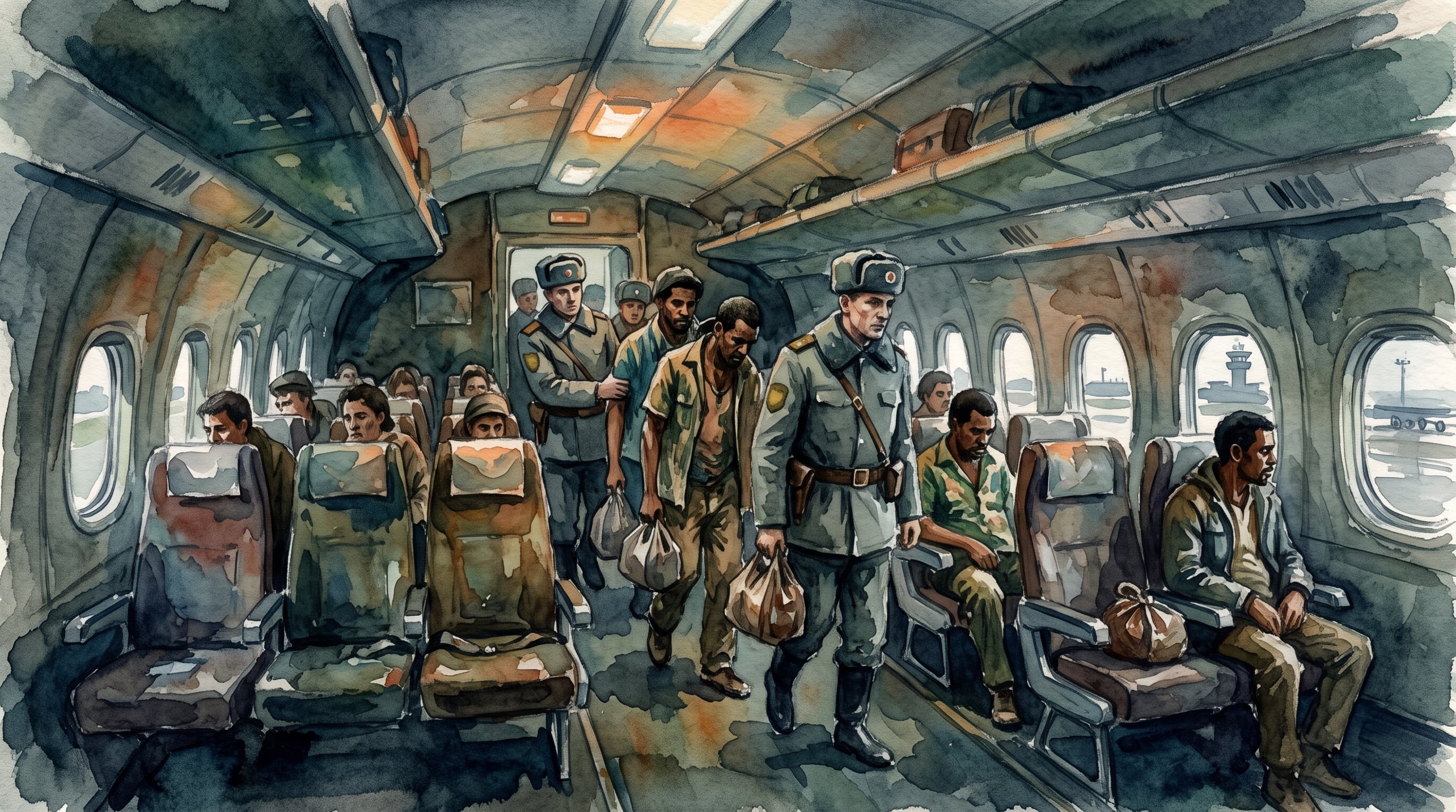 Guardias uniformados escoltan a un grupo de cubanos deportados a través del pasillo de un avión con destino a Uzbekistán. (Imagen Ilustrativa Infobae)
