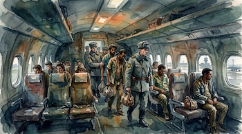 Pintura en acuarela del interior de un avión donde guardias uniformados escoltan a varios hombres por el pasillo central.