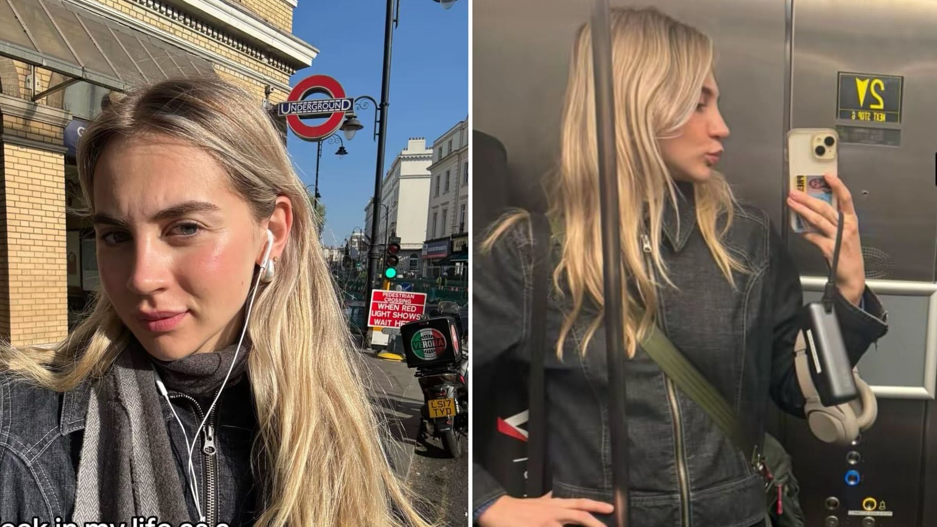 La periodista Mimi Yates en dos momentos de su rutina diaria, transitando por calles de Londres y en el interior del metro (@mimiyatesjourno)