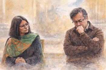 Ilustración en acuarela de Gustavo Petro y Angie Rodríguez sentados, él con gafas y chaqueta marrón, ella con gafas y pañuelo verde, ambos con semblante serio.