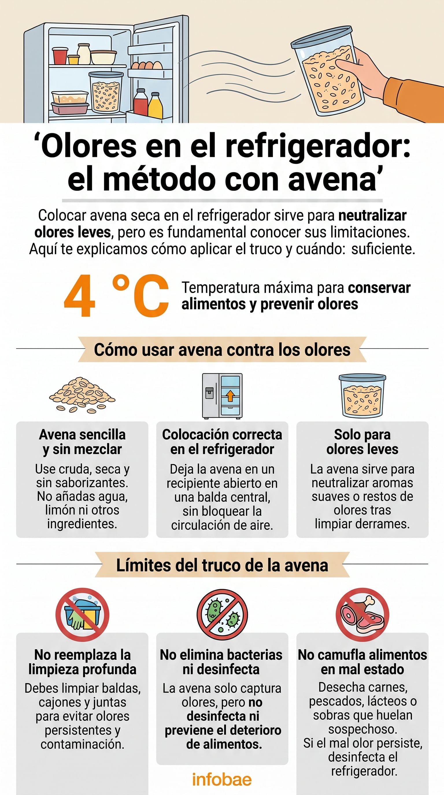 Uso y limitaciones de la avena para neutralizar olores en el refrigerador. (Imagen Ilustrativa Infobae)