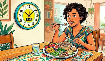 Ilustración de una mujer comiendo en una mesa de madera con un plato de avena, frutas y verduras variadas. Un reloj de pared en el fondo muestra las 12:48 PM
