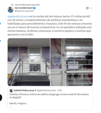 El secretario de Salud Gerson Bermont informó sobre el cierre de establecimientos estéticos clandestinos en Bogotá - crédito @Gerson_bermont/X