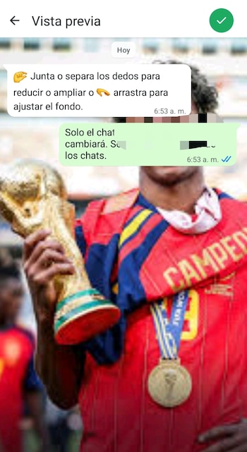 Primer plano de un futbolista con camiseta roja, sosteniendo la Copa del Mundo y llevando una medalla de oro. Interfaz de vista previa de chat