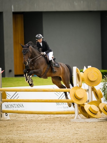 Cande Tinelli con casco y traje de equitación oscuro, montando un caballo marrón oscuro que salta una valla de madera amarilla con sombreros