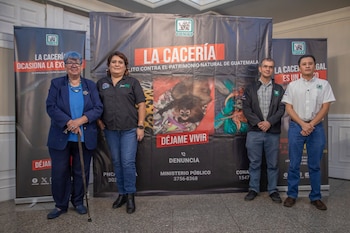 Cuatro personas, dos mujeres y dos hombres, de pie frente a tres banners negros con el logo de CONAP y mensajes contra la cacería ilegal, incluyendo una imagen de un mono