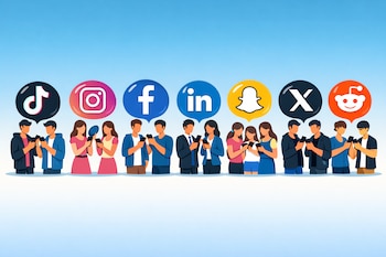 Siete grupos de personas usan smartphones bajo logos de redes sociales: TikTok, Instagram, Facebook, LinkedIn, Snapchat, X y Reddit en un fondo degradado azul.
