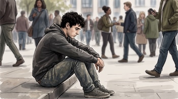 Ilustración de un joven sentado en el bordillo mirando hacia abajo mientras varias personas caminan al fondo.