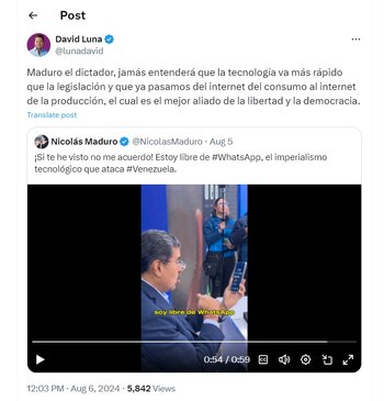 David Luna le responde a Nicolás Maduro por arremeter en contra de Whatsapp - crédito @lunadavid