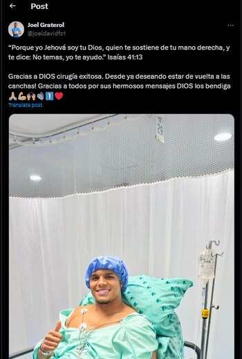 Con un mensaje espiritual y religioso, el guardameta venezolano confirmó a través de sus redes sociales que la operación fue un éxito - crédito @joeldavidfc1 / X