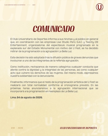 El comunicado de Universitario que anuncia la cancelación de la presencia de La Bella Luz en el U Fest.