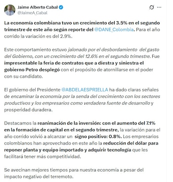 Jaime Cabal, presidente de Fenalco, dijo que "se avecinan mejores tiempos para nuestra economía a pesar del impacto negativo del terremoto" - crédito @JaimeA_Cabal/X
