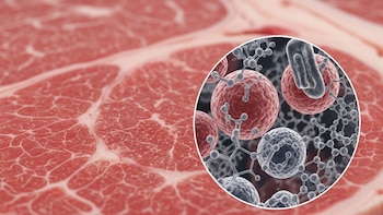 Muestra de carne roja cruda con vetas de grasa; un círculo superpuesto magnifica esferas rojas, estructuras moleculares grises y una bacteria gris con forma de barra