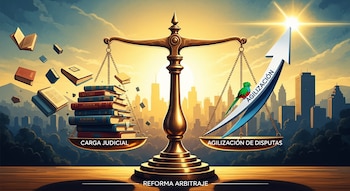 Balanza con libros en el plato izquierdo y flecha ascendente con quetzal en el derecho. Fondo urbano. Textos: Carga Judicial, Agilización, Reforma Arbitraje.