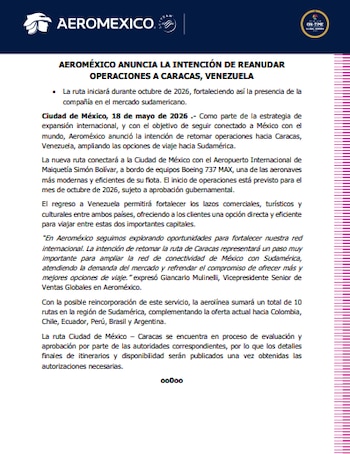 Se planea reanudar en octubre de 2026 (Aeroméxico)