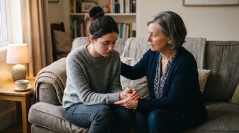 Dos mujeres sentadas en un sofá se toman de las manos cerca de una mesa con una lámpara y una taza.