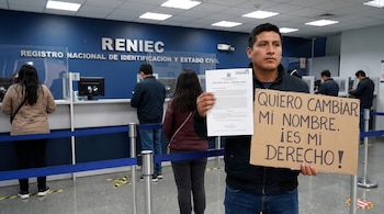 Hombre sostiene un cartel con el texto 'QUIERO CAMBIAR MI NOMBRE. ¡ES MI DERECHO!' y un documento judicial. Detrás, una oficina de RENIEC con personas.