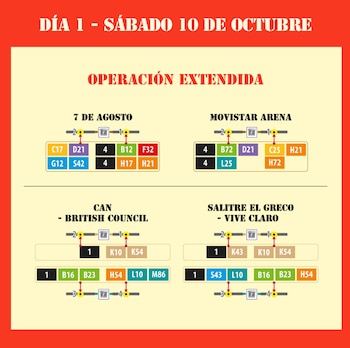 Infografía sobre la operación extendida de rutas de transporte en cuatro estaciones para el sábado 10 de octubre