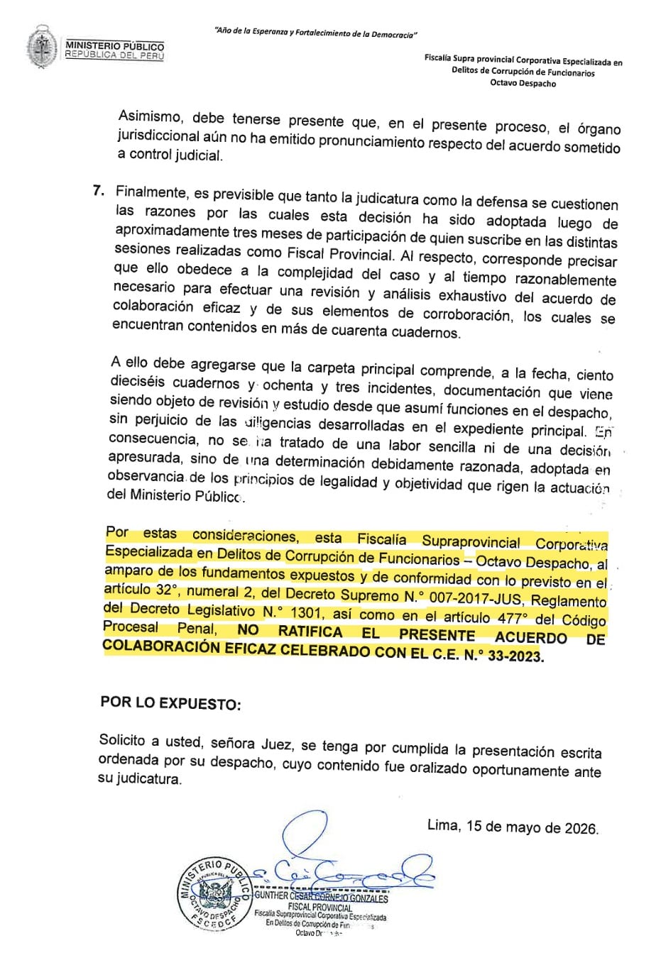 Un documento oficial del Ministerio Público del Perú establece la decisión de no ratificar un acuerdo de colaboración eficaz en un proceso por delitos de corrupción.