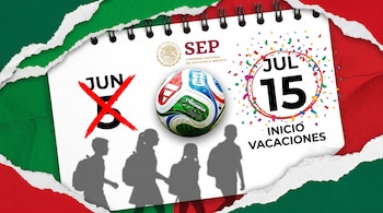 Ilustración de un calendario con el 5 de junio tachado y el 15 de julio para vacaciones, con logo SEP, balón Mundial 2026 y siluetas de estudiantes.