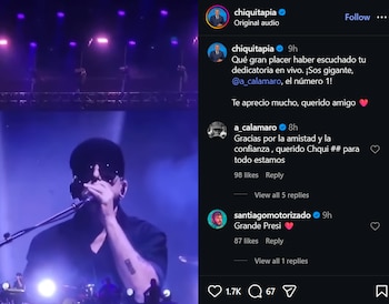 Hombre con gafas de sol y camisa oscura canta en un micrófono en un escenario iluminado con luces moradas. A la derecha, captura de pantalla de Instagram con mensajes de agradecimiento