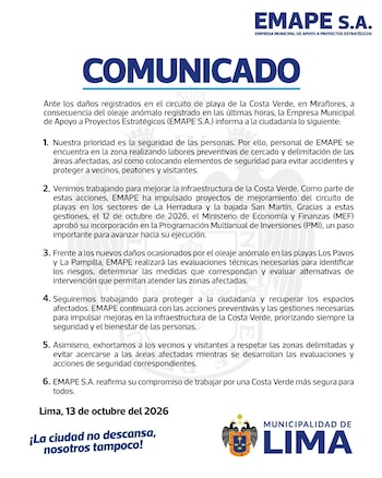 Comunicado oficial impreso de EMAPE S.A. con el logotipo de la Municipalidad de Lima y un texto de seis puntos numerados sobre fondo blanco