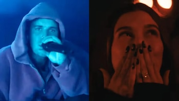 Hailey Bieber reacciona desde el público durante presentación de Justin Bieber en Coachella
