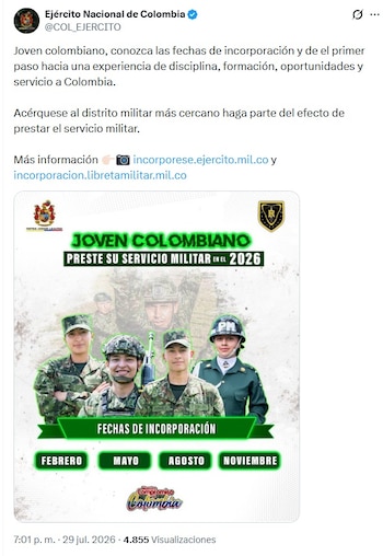 Después de agosto la próxima fecha de incorporación será en noviembre de 2026 - crédito @COL_EJERCITO/X