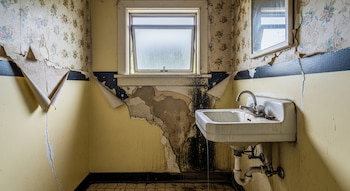 Baño deteriorado con manchas de humedad y moho, papel pintado despegado y ventana ligeramente abierta.