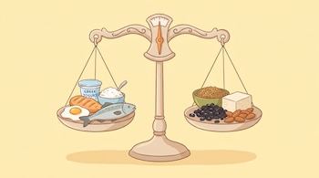 Ilustración de balanza con proteínas animales (huevo, pescado, yogur, queso) en un platillo y vegetales (lentejas, frijoles, tofu, almendras) en el otro, sobre fondo amarillo.
