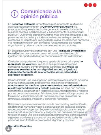 El comunicado se emitió el martes 21 de julio de 2026 por parte de Securitas Colombia - crédito @securitas_colombia/IG