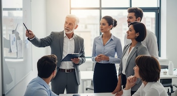 Un hombre mayor con cabello canoso señala una pizarra con un rotulador, mientras cinco colegas jóvenes lo observan en una oficina luminosa.