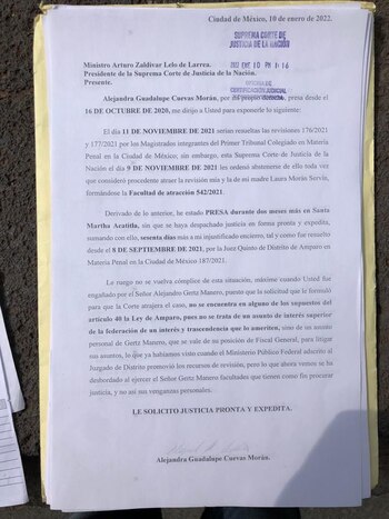 Carta enviada por Alejanda Cuevas