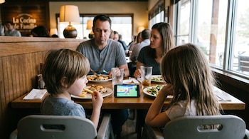 Dos niños y sus padres comen en la mesa de un restaurante frente a un teléfono celular apoyado que reproduce un juego digital.