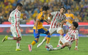 Diego lainez (c), de Tigres, disputa el balón con Lorenzo Faravelli (d), de Necaxa, este sábado durante un partido de la Liga MX. EFE/Miguel Sierra