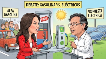 Ilustración que muestra a Sondra Macollín frente a una gasolinera con un grupo de personas molestas, y a Gustavo Petro junto a un cargador eléctrico y paneles solares.
