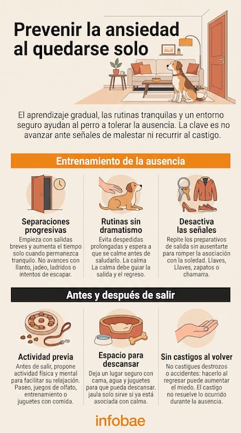 Infografía con ilustraciones de un perro en una sala, llaves, ropa, una cama de mascota, juguetes y textos explicativos sobre la ansiedad canina.