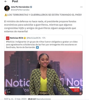Jota Pe Hernández dice que ministro de Defensa "no hace nada" en relación con entrega de kits escolares a niños por parte de disidencias - crédito @JotaPeHernández