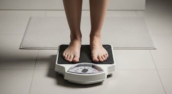 Piernas y pies descalzos de una joven sobre una balanza blanca. El suelo es de baldosas y hay una alfombra gris clara al fondo de un baño sencillo.