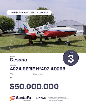 El avión, valuado en 50 millones de pesos y perteneciente a Cereales del Sur, forma parte de los bienes decomisados en causas por delitos económicos
